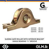 G. (DOT) SLIDING GATE ROLLER WITH INTERIOR BRACKET SINGLE BEARING “V” GROOVE YELLOW ZINC 50MM